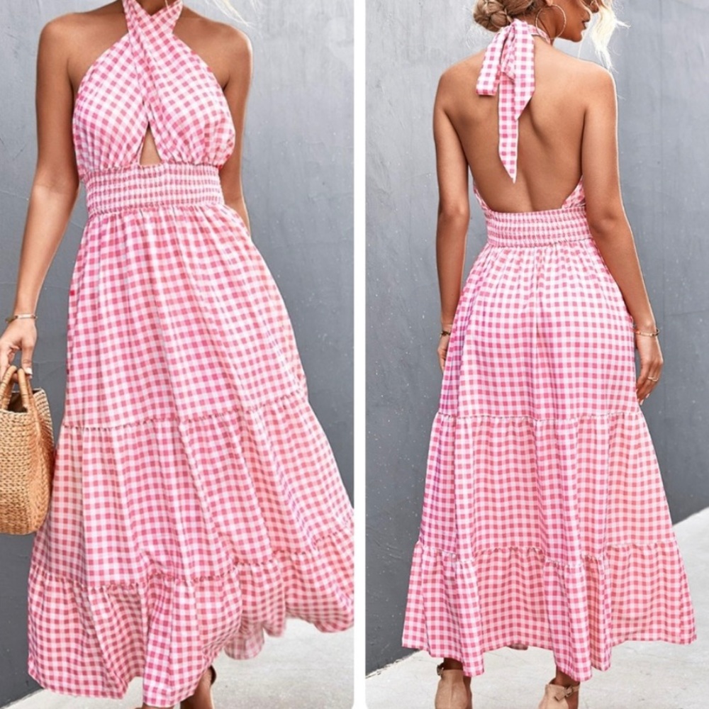 Pink Gingham Halter Maxi Dress